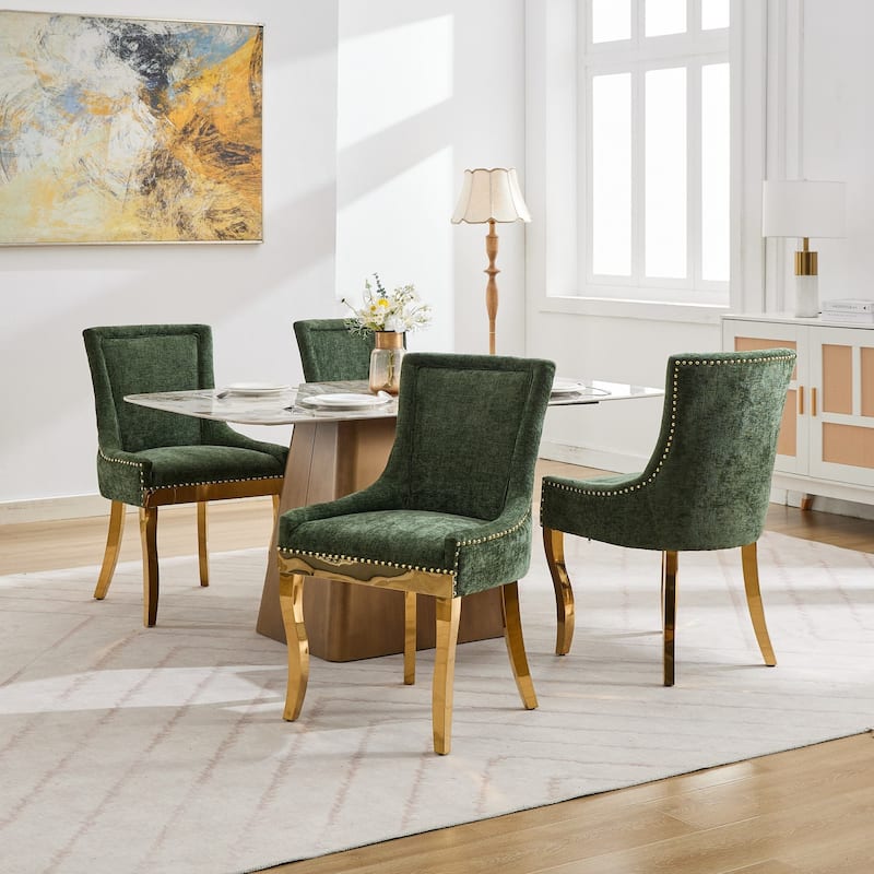 Modern Dining Chairs, Upholstered Accent Chair with Plated Legs & Rivet Trim, Set of 2 - Olive Green