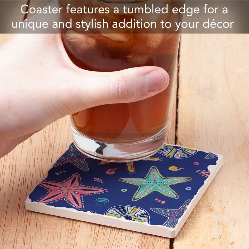 Starfish on Blue 4 Pack Absorbent Stone Coasters with Cork Backing 4" Square Made in The USA Absorbent Wipes Clean