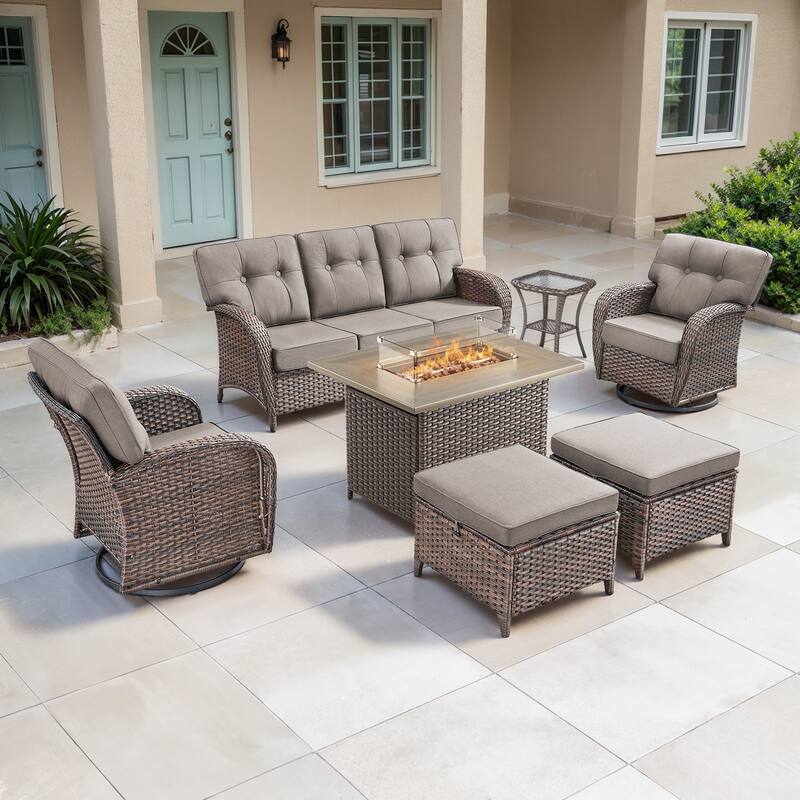 TWrap Wicker Patio Fire Pit Conversation Set with 3-Seat Sofa & Swivel Gliders