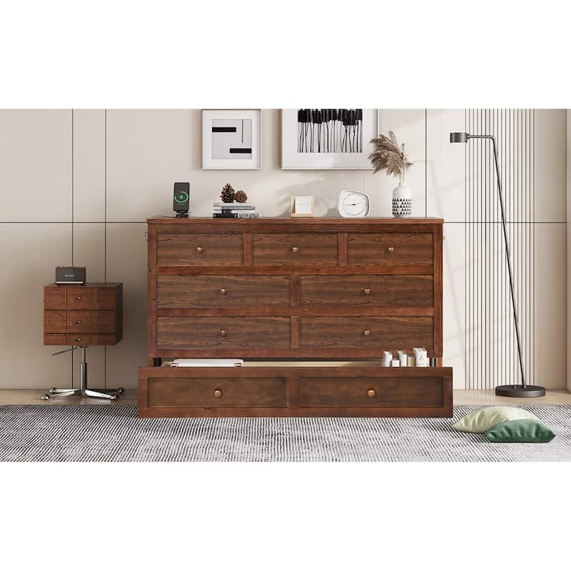 Roomfitters Queen Murphy Bed Cabinet with Storage Compartment, Charging Station with USB, Solid Pine Wall Bed