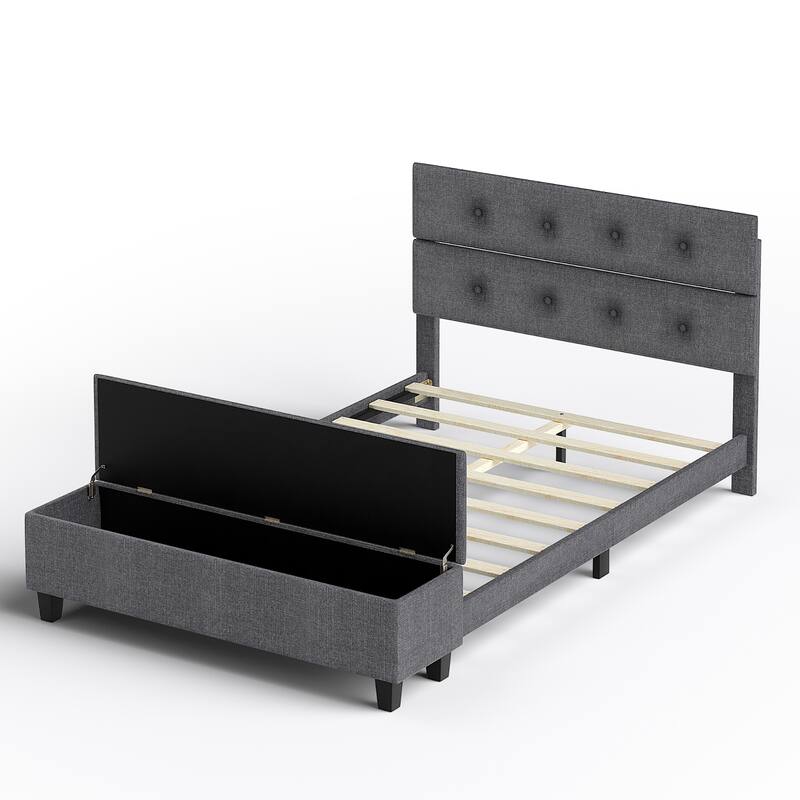 Costway Full Upholstered Bed Frame with Ottoman Storage Linen Button