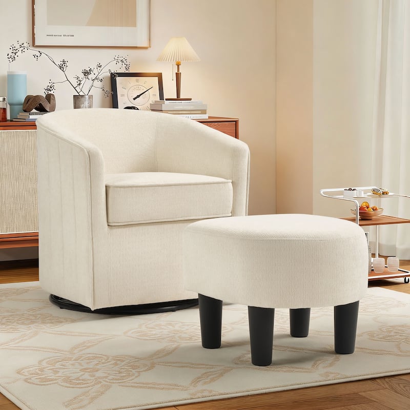Swivel Accent Chair , 360 Degree Club Chair with Ottoman Set, Fabric Barrel Reading Chairs for Living Room Bedroom - Beige