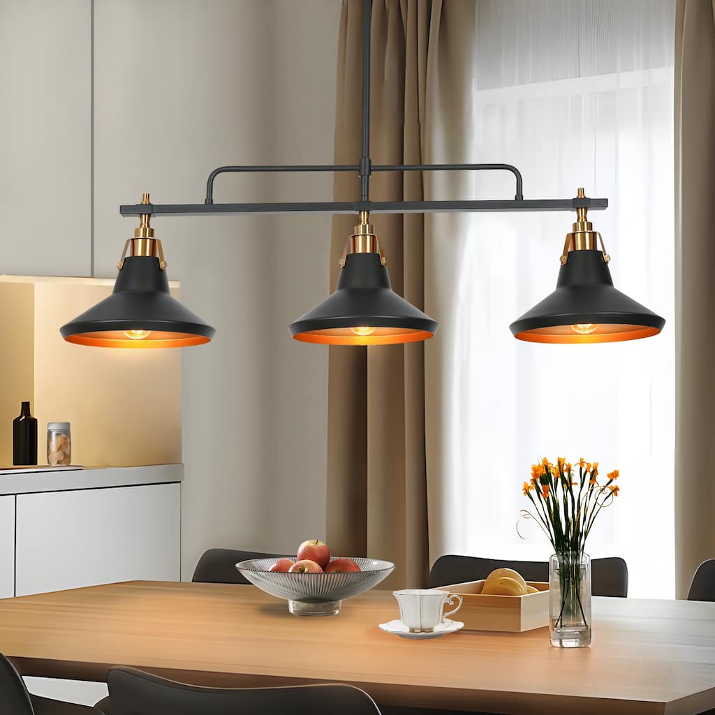 Modern Industrial 3-Light Linear Chandelier Black Gold Metal Pendant Lights for Dining Room - 34'' L x 9'' W x 10.5'' H