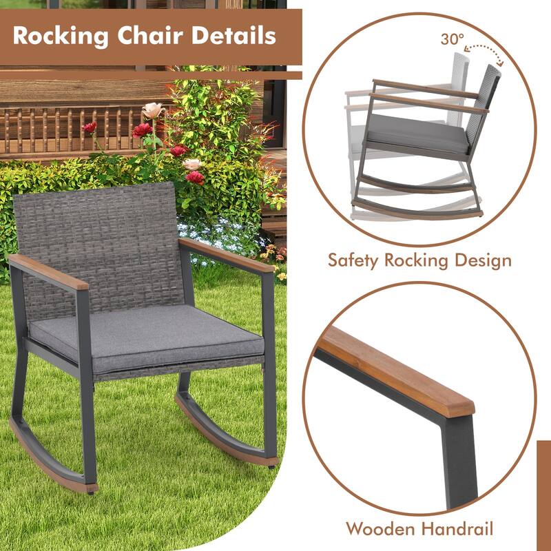 3 Piece Rocking Chair Patio Bistro Set Balcony Chairs Conversation Sets With Coffee Table & Cushions