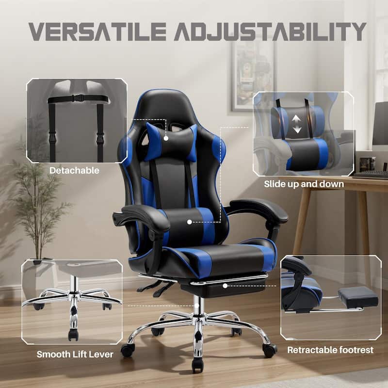 Ergonomic Faux Leather High Back Gaming Chair with Footrest & Linkage Armrests – Black & Gray for Adults