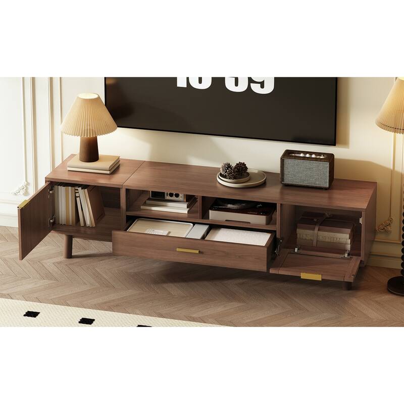 Roomfitters Modern TV Stand for 75 Inch TV, Cabinet with Soft Closing Door and Drop Down Door, Living Room Console, Walnut