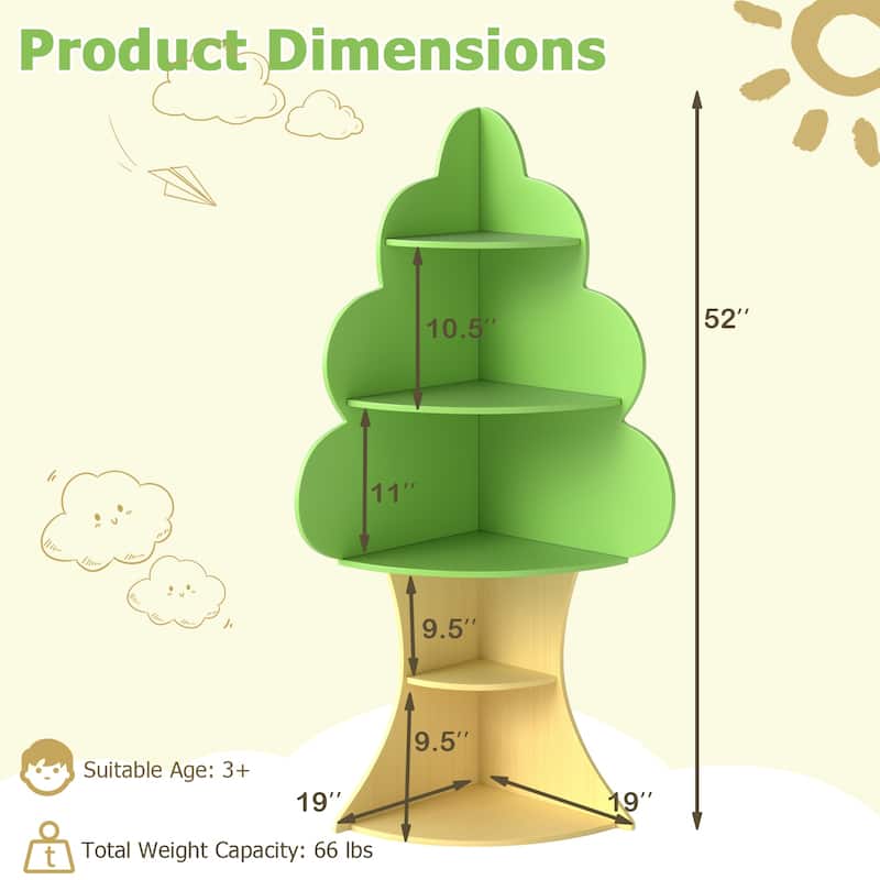 5-Tier Kids Tree Bookshelf for Bedrooms Playrooms Classroom Storage with Anti-Tip Design - 19" x 19" x 52"