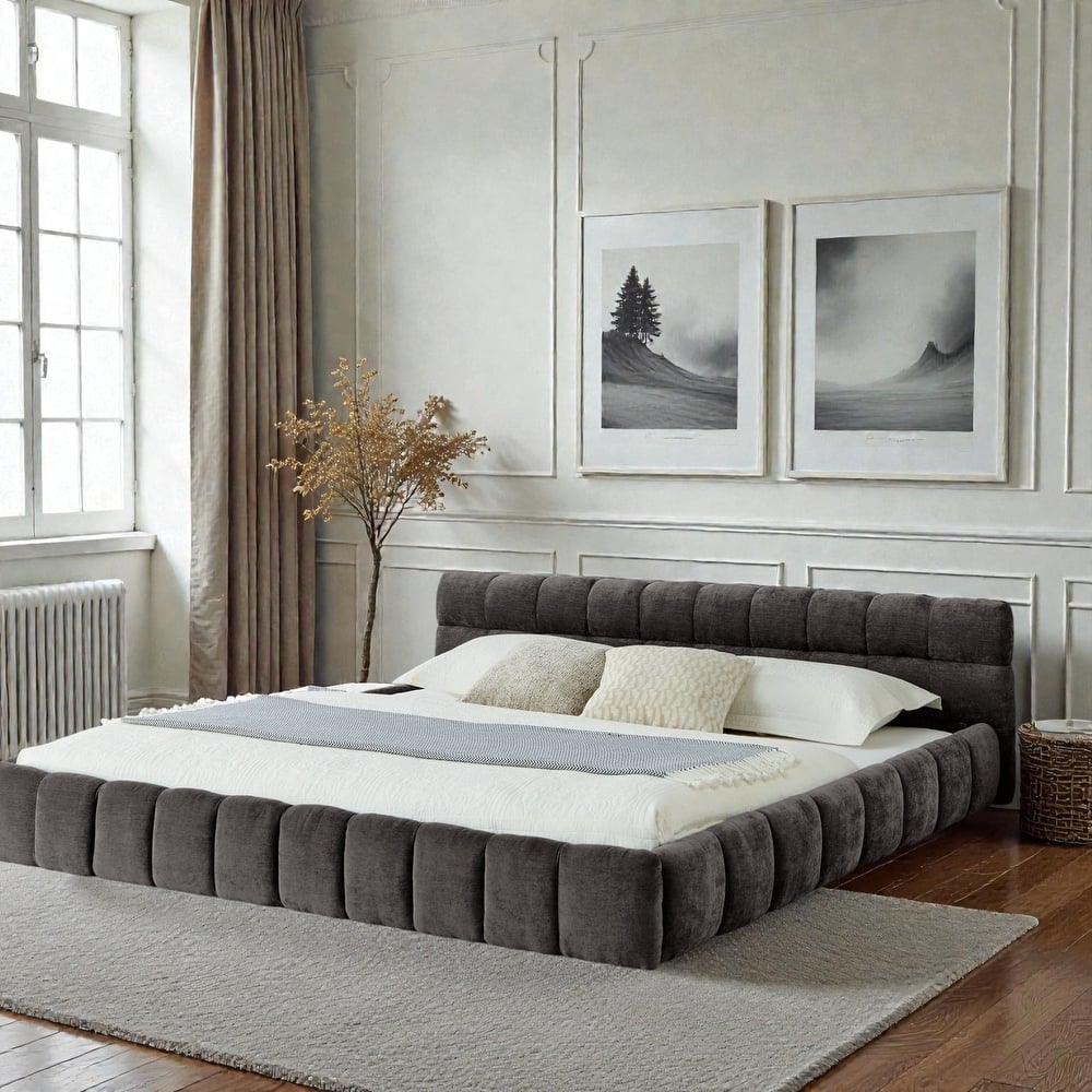 King Upholstered Platform Bed Frame with Thick Chenille Fabric, Grounded Modern Bed with Headboard, No Box Spring Needed