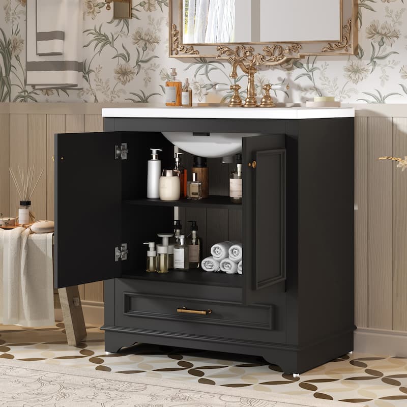30'' Freestanding Bathroom Vanity with Single White Integrated Ceramic Sink - 30.5'' x 18.4'' x 33.9''