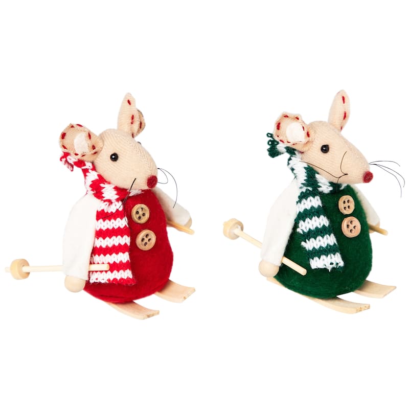 Skiing Mice Christmas Decorations - 3.5" - Set of 2