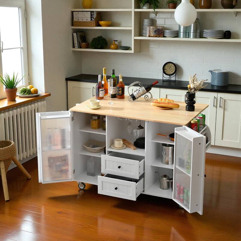 50.4" Rolling Kitchen Island Cart with Drop Leaf, 2 Drawers, 2-Door Cabinet, Towel Bar & Spice Rack