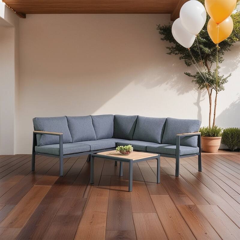 Patio 4 Piece Teak Finished Sectional Sofa, Matte Charcoal Aluminum Frame - Black