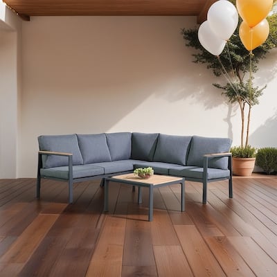 Patio 4 Piece Teak Finished Sectional Sofa, Matte Charcoal Aluminum Frame