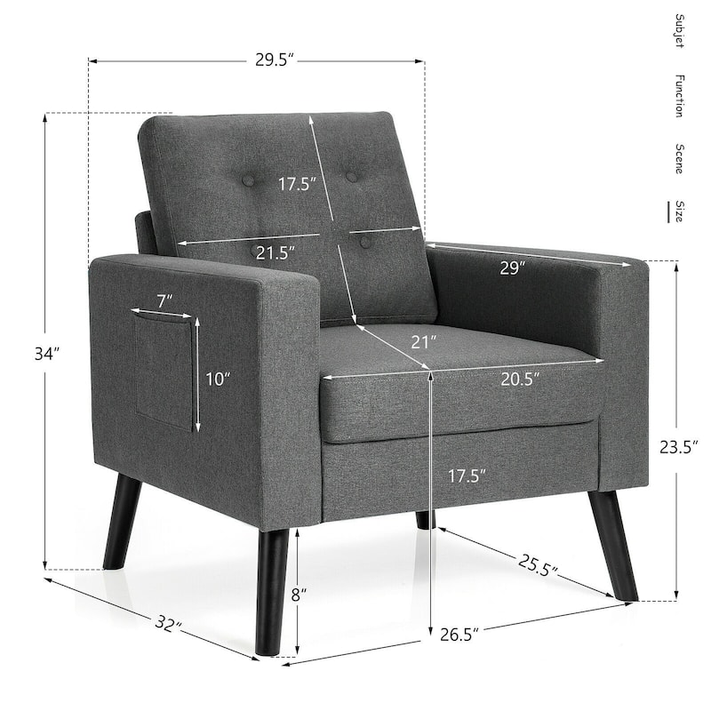 Modern Tufted Accent Chair w/ Rubber Wood Legs - 29.5" x 32.5" x 34"(L x W x H)