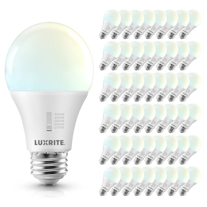 Luxrite A19 LED Light Bulb Dimmable 11W=75W CRI90 5CCT 1100 Lumens E26 Base Title CA20 ETL 48 Pack - 5 Color Temperature Selectable