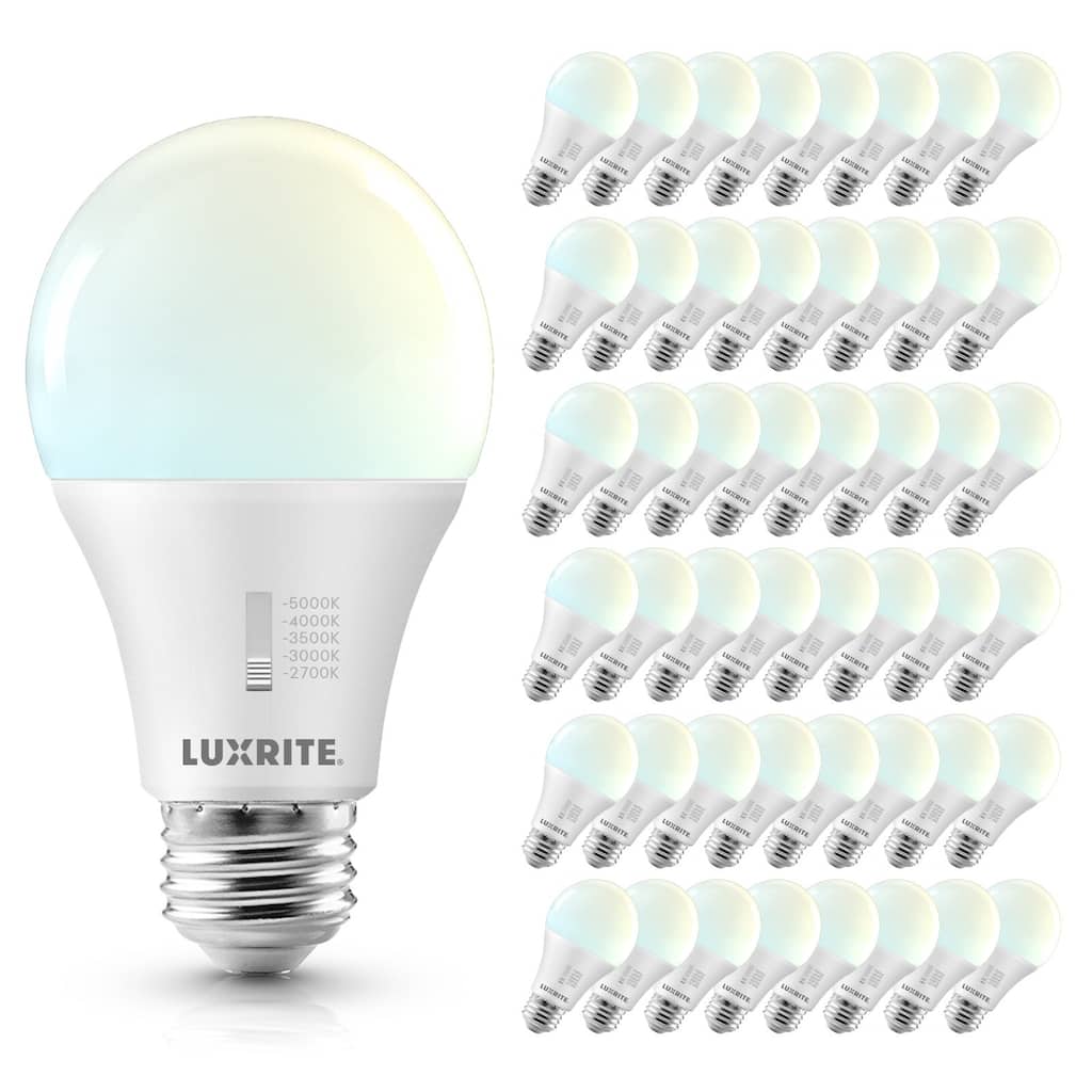 Luxrite A19 LED Light Bulb Dimmable 15W=100W CRI90 5CCT 1600 Lumens E26 Base Title CA20 ETL 48 Pack