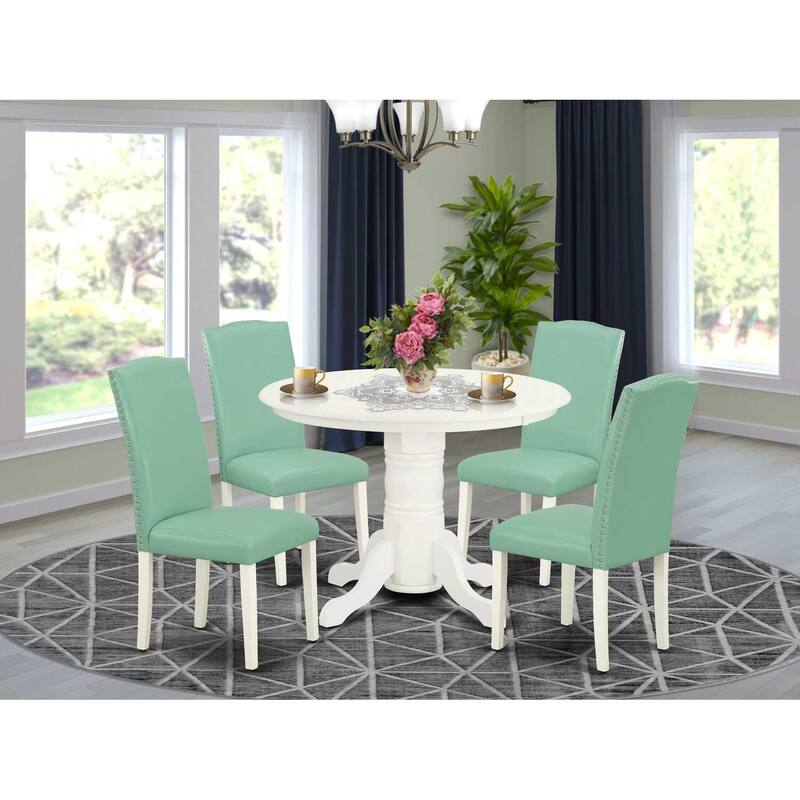 HomeStock 5-Piece Round Linen White Finish Solid Wood Top Dining Table with 4 Parson Chair with Lattice Back