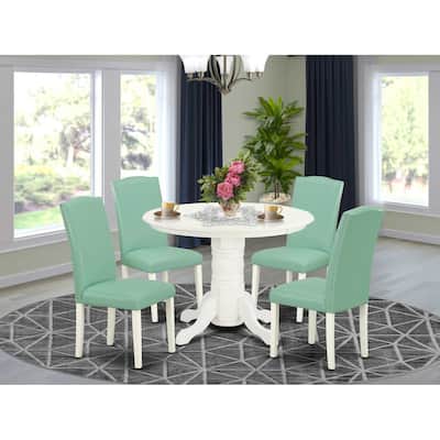 HomeStock 5-Piece Round Linen White Finish Solid Wood Top Dining Table with 4 Parson Chair with Lattice Back