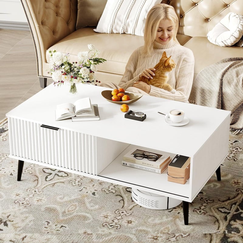 Coffee Table with Storage, 2-Tier Wooden Coffee Table with Sliding Door,