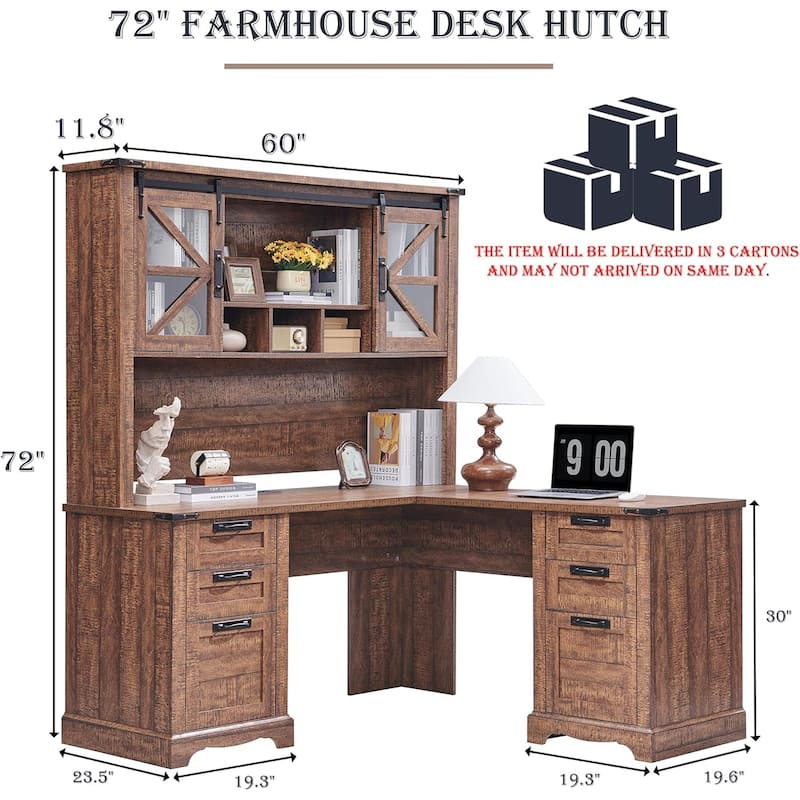 Farmhouse L Shaped Desk with Hutch, Wood Desk with Charging Station