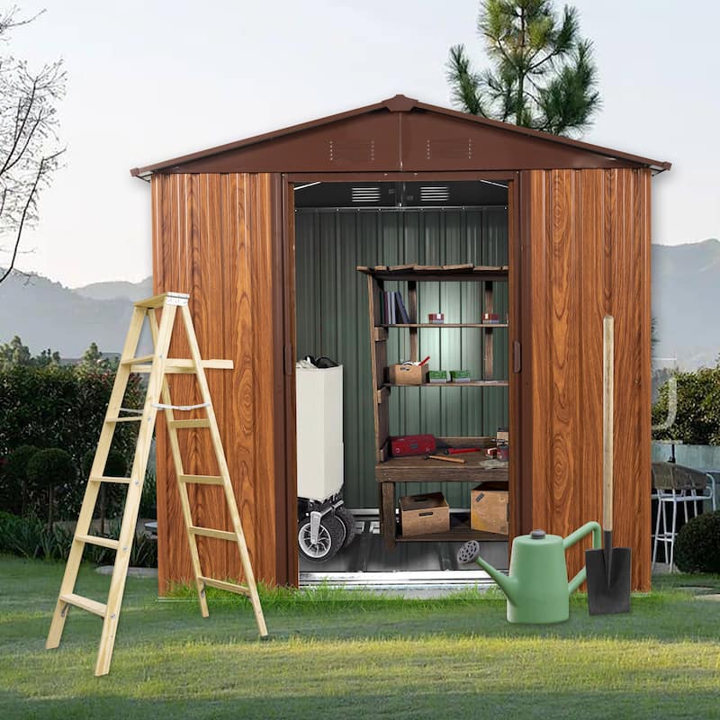 Rust-proof Metal Garden Shed Storage Shed with Sliding Lockable Door Tool Shed, Water-Resistant, Punch Vents - Coffee
