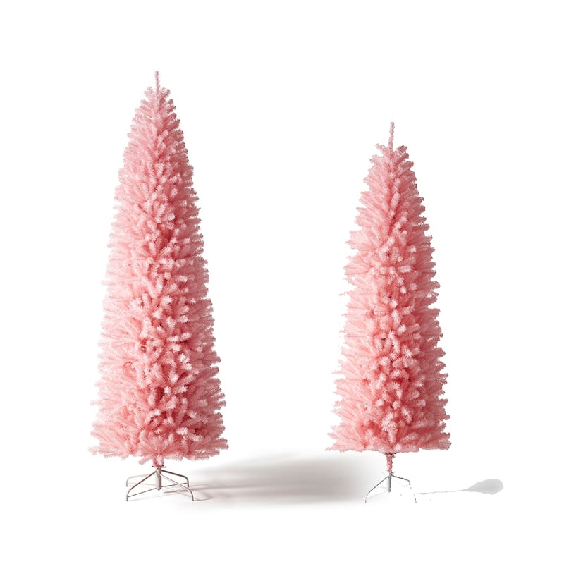 Glitzhome 7.5ft/9ft Shimmering Tinsel Pink Slim Pencil Fir Artificial Christmas Trees
