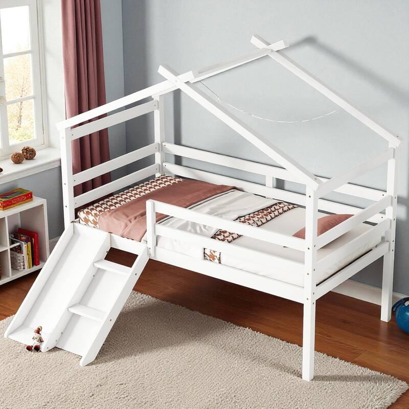 Twin Size Wooden Low Loft House Bed with Slide, Ladder, Safety Guardrails, and Roof Frame - White - Twin