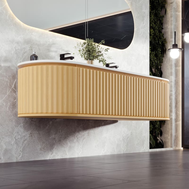 Haven 71"W Oak DS Wallmount Bath Vanity with Integrated Sinks