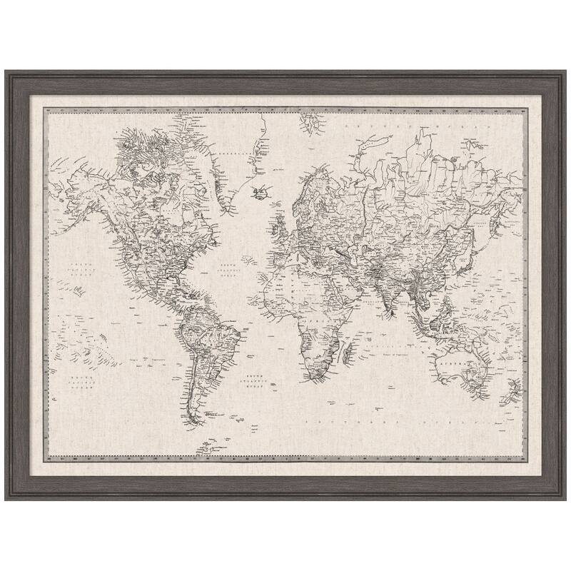 Kate and Laurel Framed Fabric Pinboard Vintage Black and White Linen World Map Wall Organization - 26 x 20 - Pewter