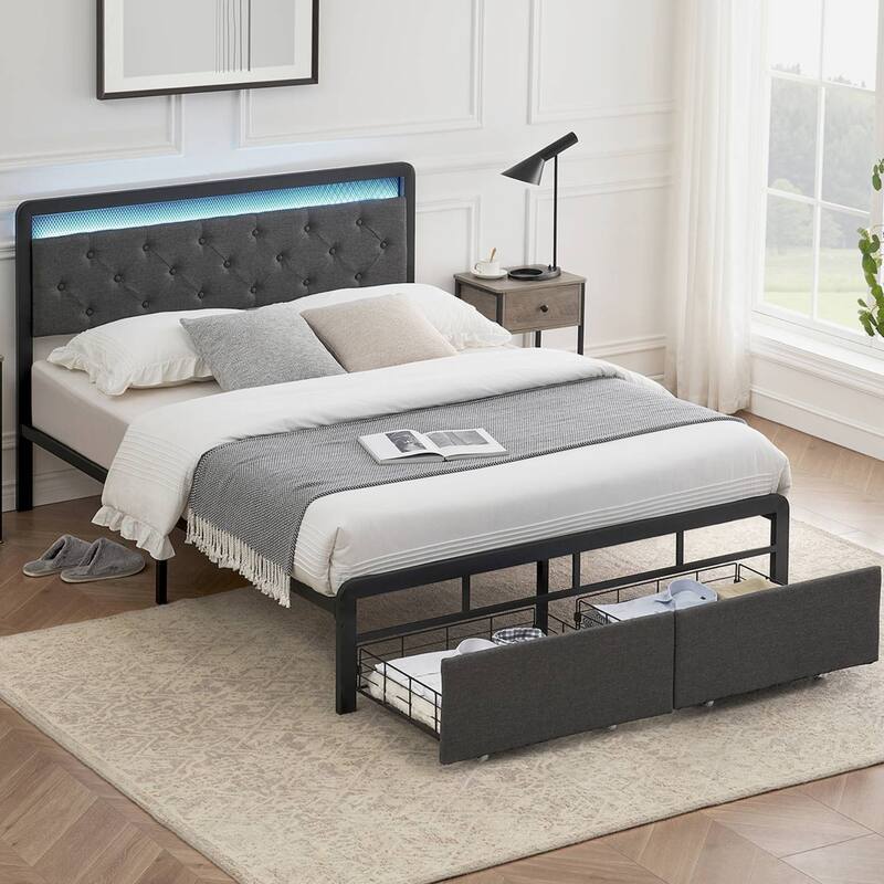 Upholstered Bed Frame with 2 Drawers, Headboard and LED Lights