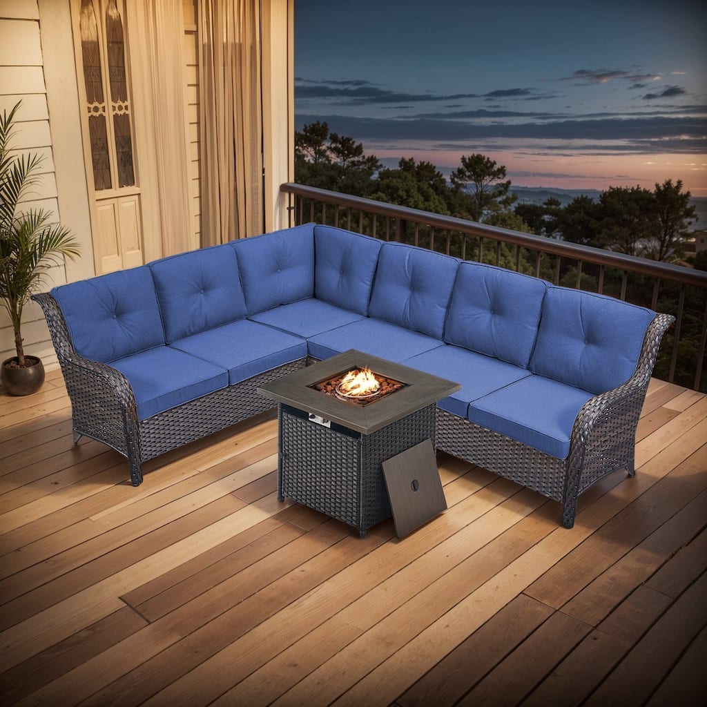 Outdoor 2 Sectional Sofa with Fire Pit Table Set