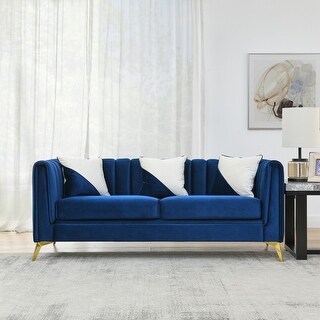 Sofa Tufting Dutch Velvet Solid Wood Frame Gold Metal Leg Navy Blue ...