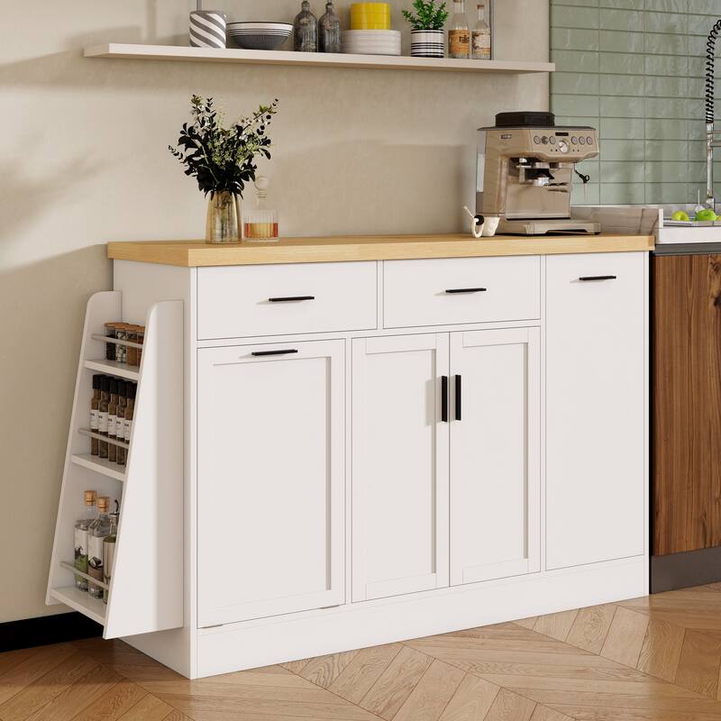 Anmytek White Kitchen Island Sideboard with Trash Can Storage Sliding Door Cabinet and 3-Tier Spice Rack