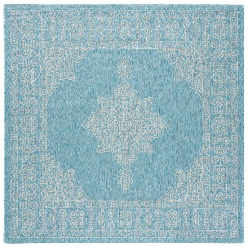 SAFAVIEH Courtyard Maralyn Indoor/ Outdoor Waterproof Patio Backyard Rug - 6'7" x 6'7" Square - Aqua/Grey