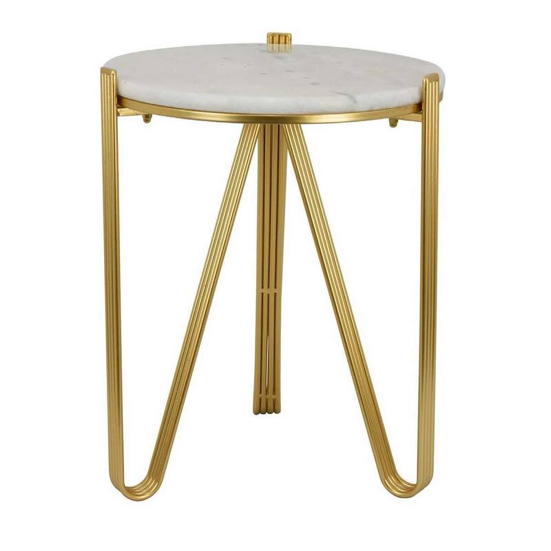 Glam Plant Stand Table, White Marble, Gold Metal Texture Legs, 20 Inch