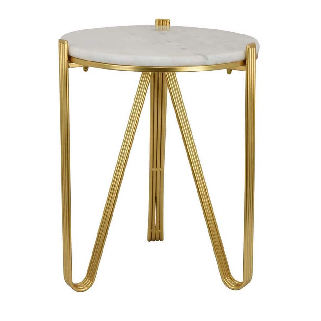 Glam Plant Stand Table, White Marble, Gold Metal Texture Legs, 20 Inch