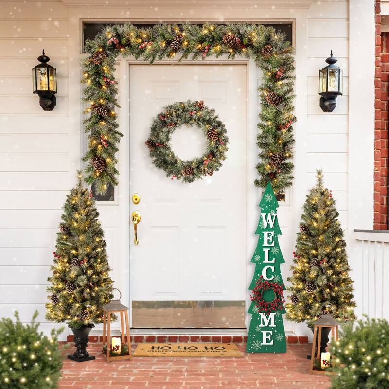Glitzhome 42"H Christmas Wooden "WELCOME" Porch Sign with Wreath - Green - 42"