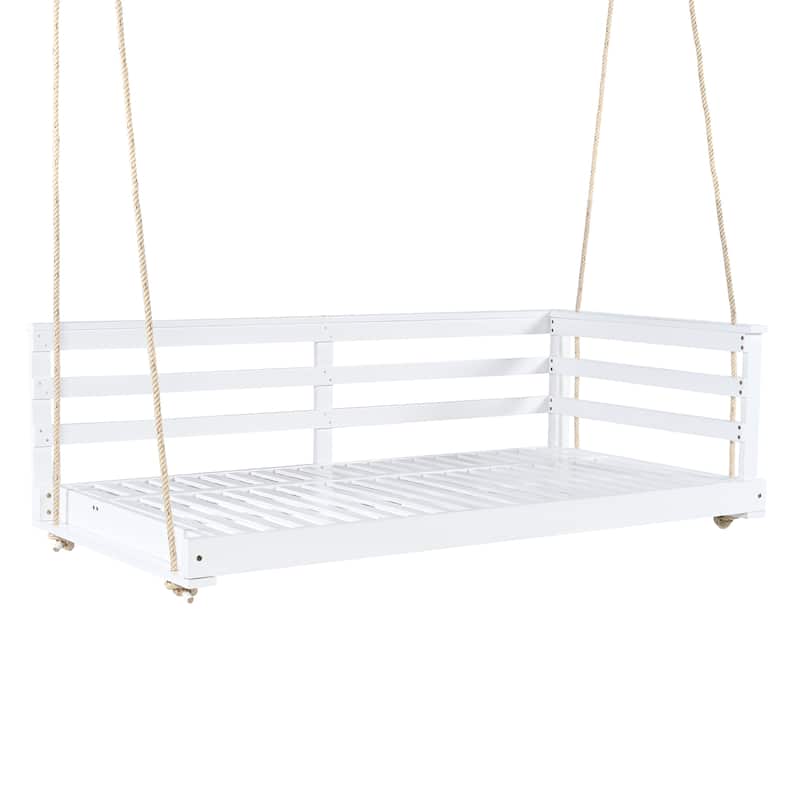 Country Patio Wooden Twin Size Swing Daybed Porch Swing Frame with 4pcs 96-inch Hemp Ropes for Backyard, Garden, White