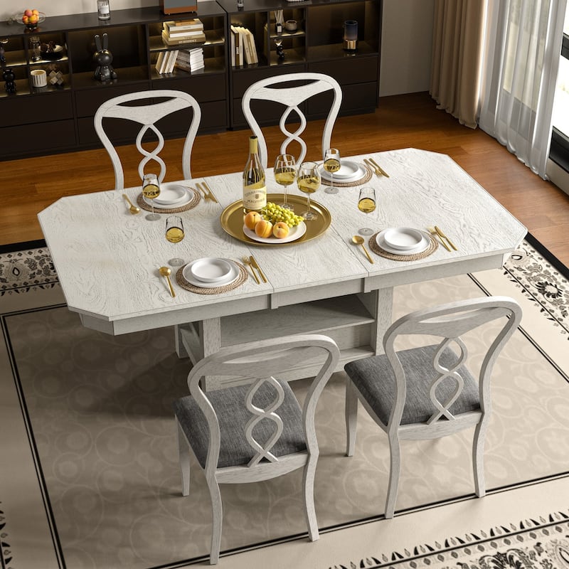 VECELO 4 to 6 Rubber Wood Extendable Dining Set with Fish Cutout Chairs with Dual Storage Upholstered Seat - 5-Pieces Set