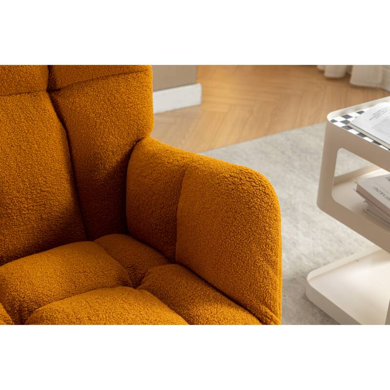 High Backrest Nursery Rocking Chair, Teddy Upholstered Glider Chair with Footrest, Recliner Chair with Solid Wood Legs
