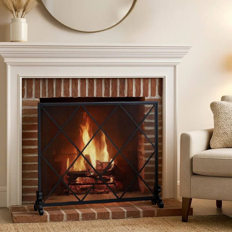 Fireplace Screen, Classic Diamond Shape with Mesh, 41x32 Black Finish