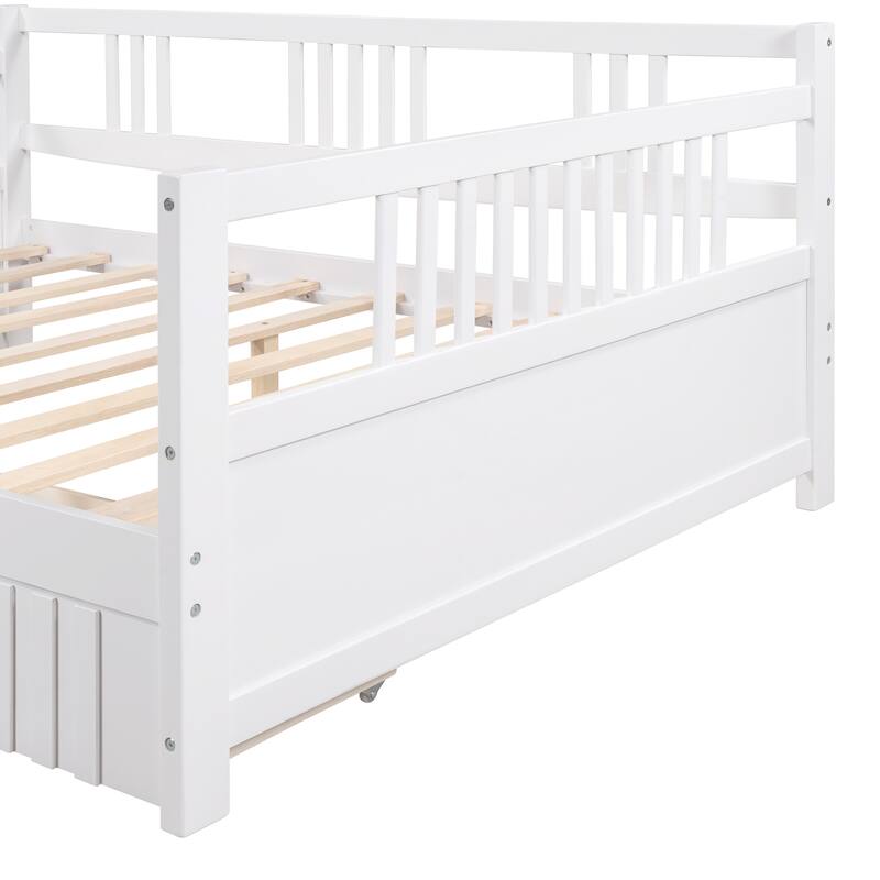 Daybed with Two Drawers, Solid Wood Frame, Guardrails, No Box Spring Needed