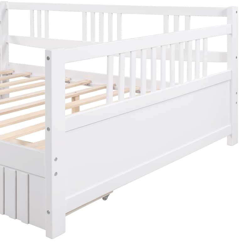 Full Size Wooden Daybed with 2 Drawers, Safety Guardrails & Slat Support