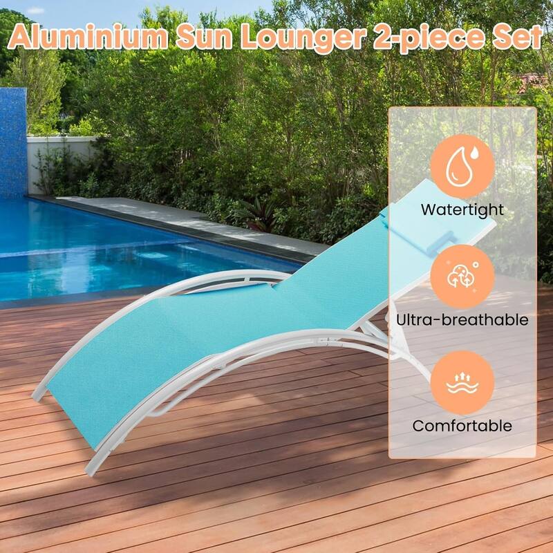 2-Pack Aluminum Adjustable Patio Chaise Lounge Chairs All-Weather Outdoor Recliners