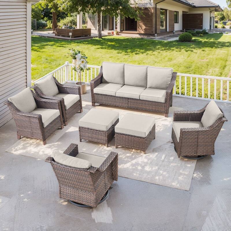 Outside Patio Sofa Chair with Cushions - Brwon Wicker Beige Cushion - 7PCS Patio Chair w/ Sofa Chair Ottoman