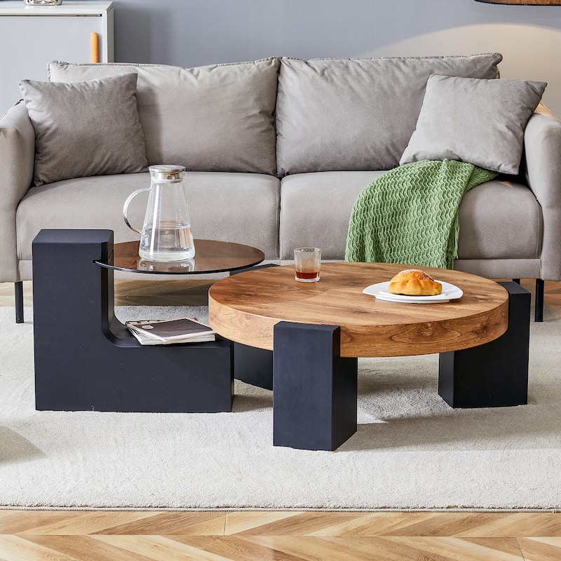 Double-Layer Round Coffee Table, Transparent Glass Top with L-Shaped Legs, Detachable Design Modern Center Table