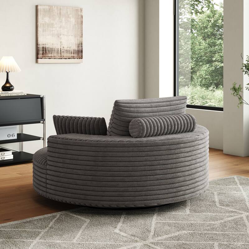 Oversized Swivel Accent Chair, Corduroy Round Lounge Sofa Chair, Upholstered Reading Armchair with Back Cushion & 2 Pillows