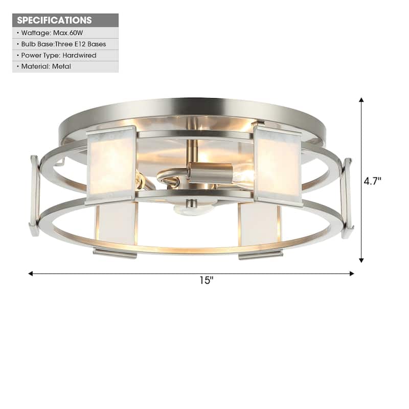 Modern Satin Nikel Frosted Glass Flush Mount 3-Light Ceiling Light - 15" W x 4.7" H