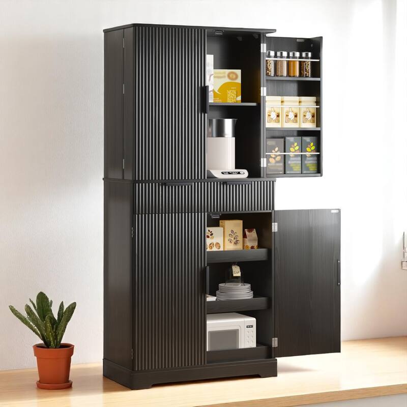 Tall Kitchen Pantry Cabinet with Fluted Doors, 3 Slide-Out Drawers & Door Spice Racks, 72" Freestanding Cupboard