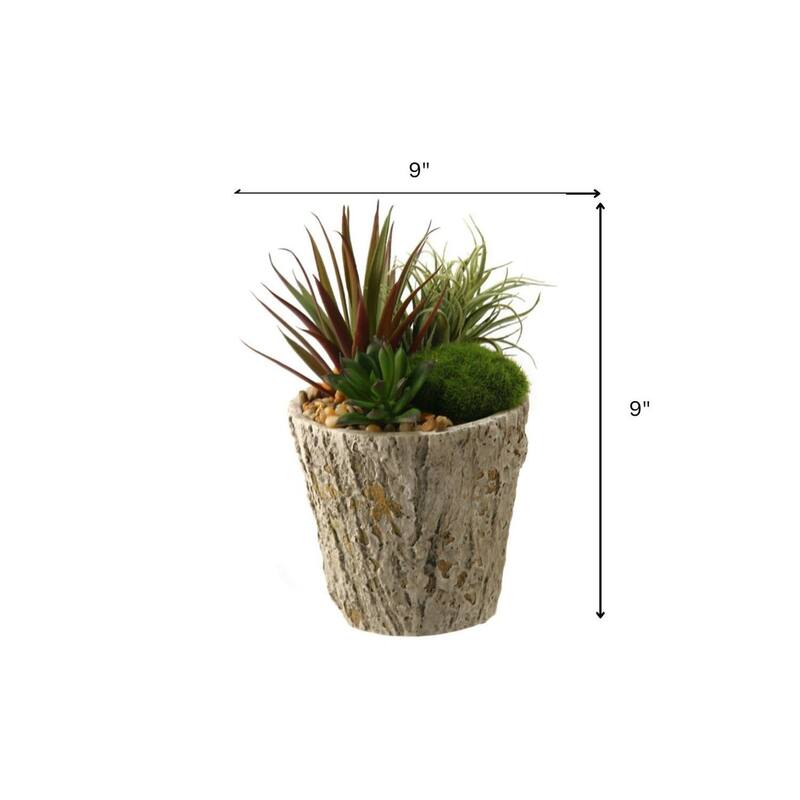HomeStock Easter Grass and Succulents in Weathered Oak Look Cement Planter - Spring-Inspired Faux Arrangement - 9